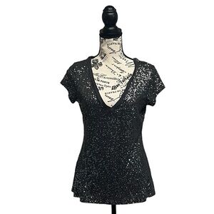 Express Vtg Y2k All Over Sequin Vneck Womens Blouse 90s 80s NYE Party M Glam